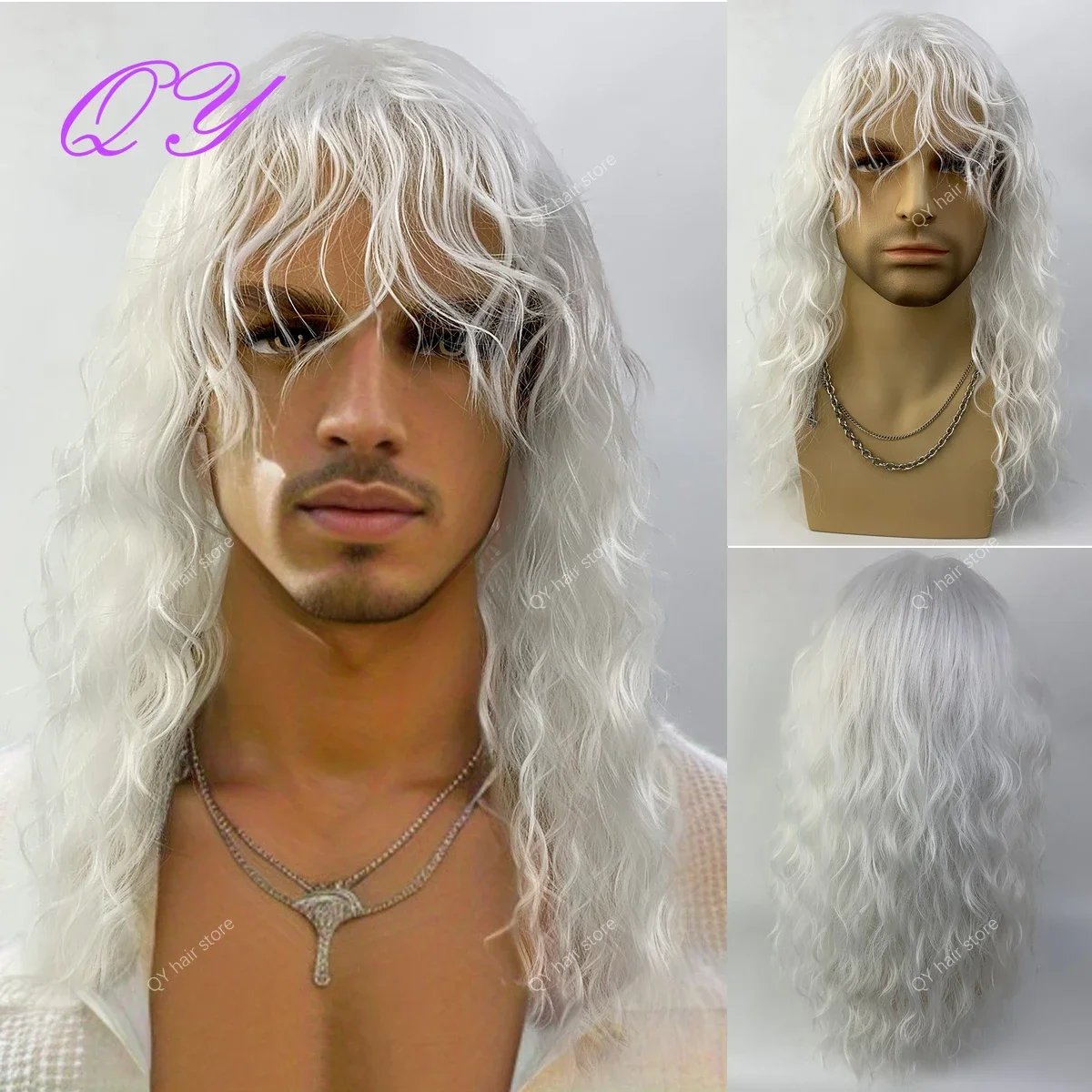 Synthetic Men's Wig Long Brown Natural Curly Rock Man Wig With Bangs Party Or Cosplay Adjustable Water Wave Male Hair Wig