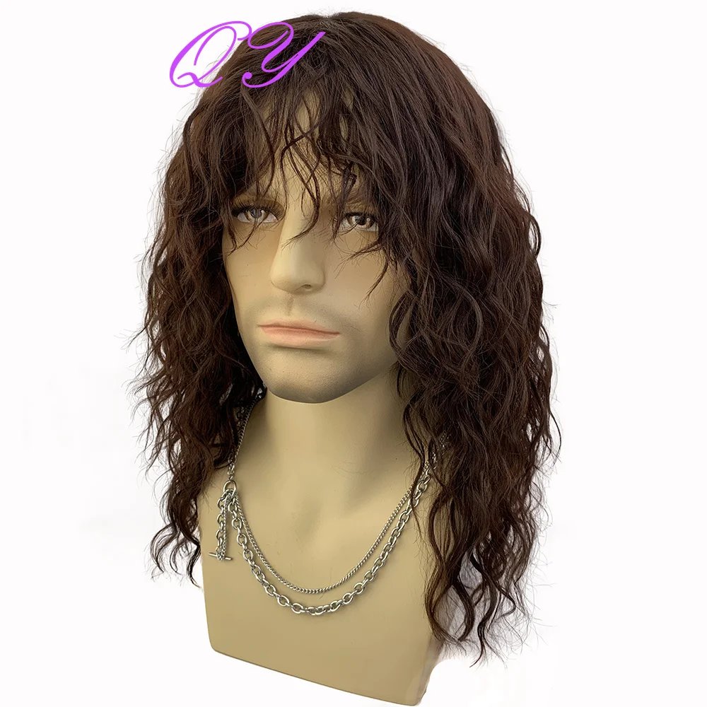 Synthetic Men's Wig Long Brown Natural Curly Rock Man Wig With Bangs Party Or Cosplay Adjustable Water Wave Male Hair Wig
