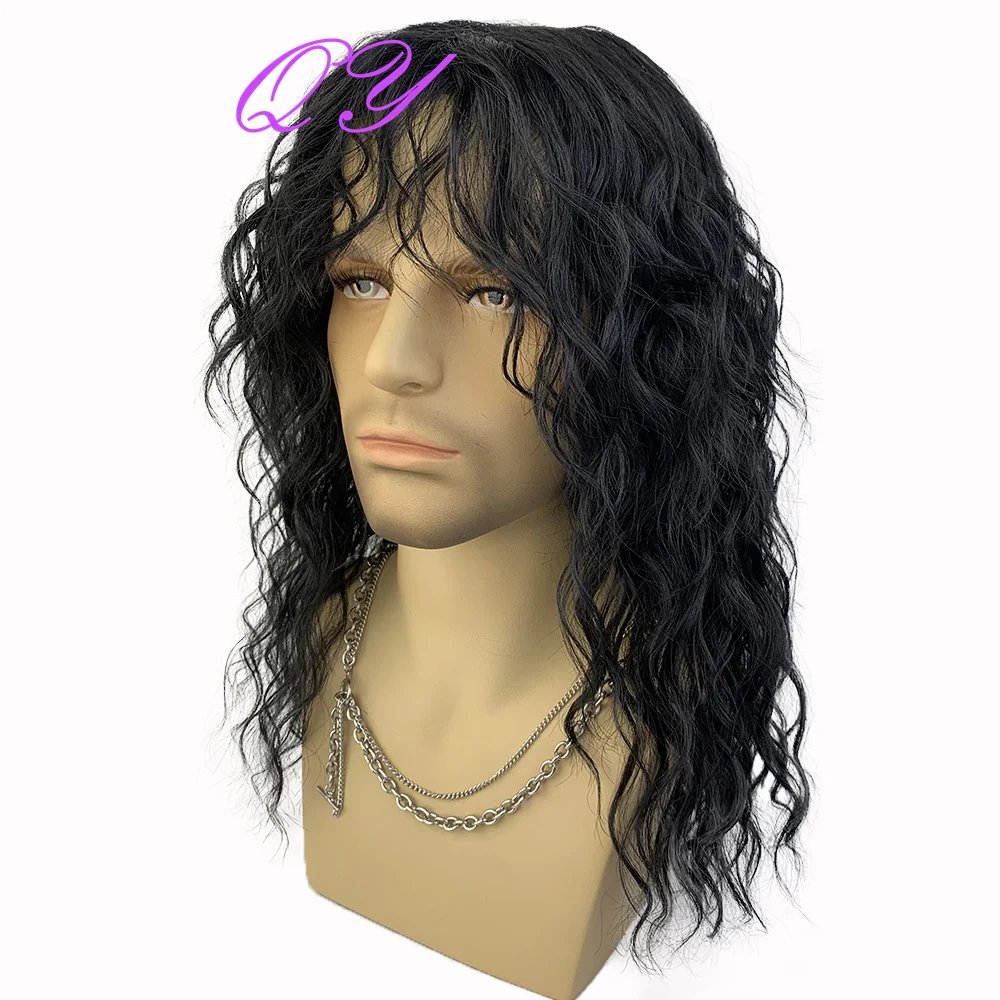 Synthetic Men's Wig Long Brown Natural Curly Rock Man Wig With Bangs Party Or Cosplay Adjustable Water Wave Male Hair Wig