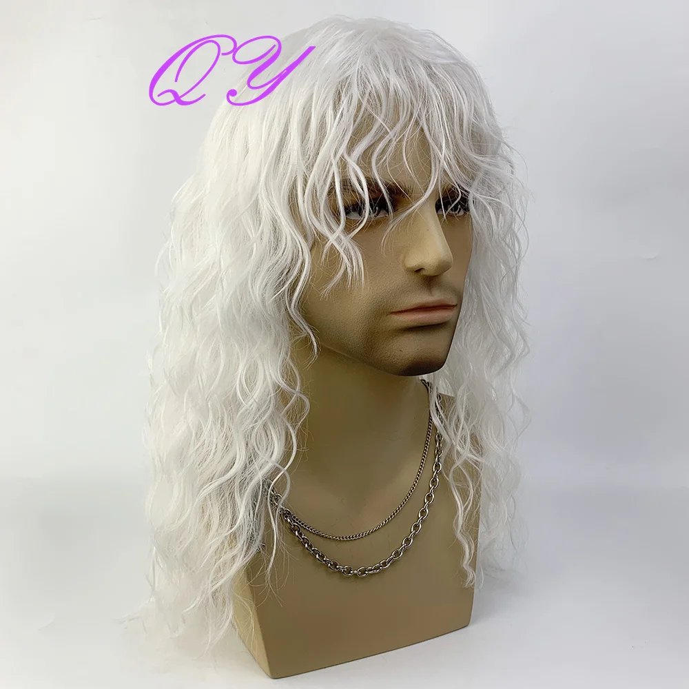 Synthetic Men's Wig Long Brown Natural Curly Rock Man Wig With Bangs Party Or Cosplay Adjustable Water Wave Male Hair Wig