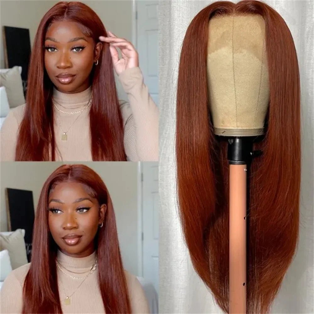 Reddish Brown Straight Lace Front Wigs Layered Cut Wig Glueless Layered Lace Wigs Synthetic Butterfly Haircut Natural Hairline
