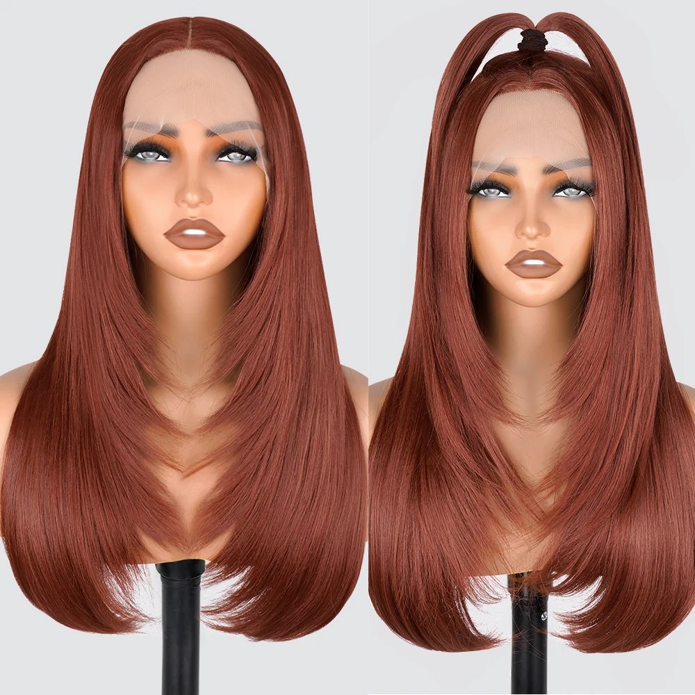 Reddish Brown Straight Lace Front Wigs Layered Cut Wig Glueless Layered Lace Wigs Synthetic Butterfly Haircut Natural Hairline