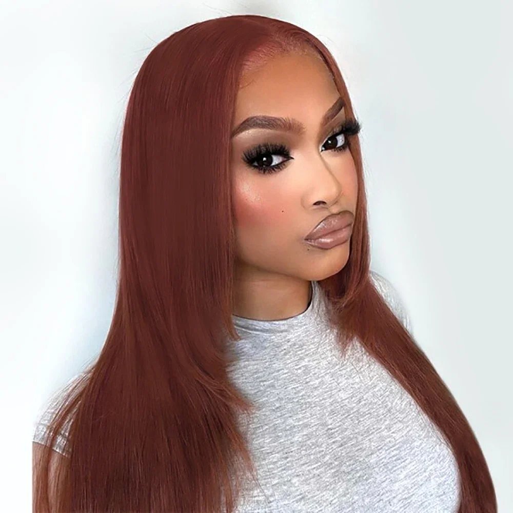 Reddish Brown Straight Lace Front Wigs Layered Cut Wig Glueless Layered Lace Wigs Synthetic Butterfly Haircut Natural Hairline