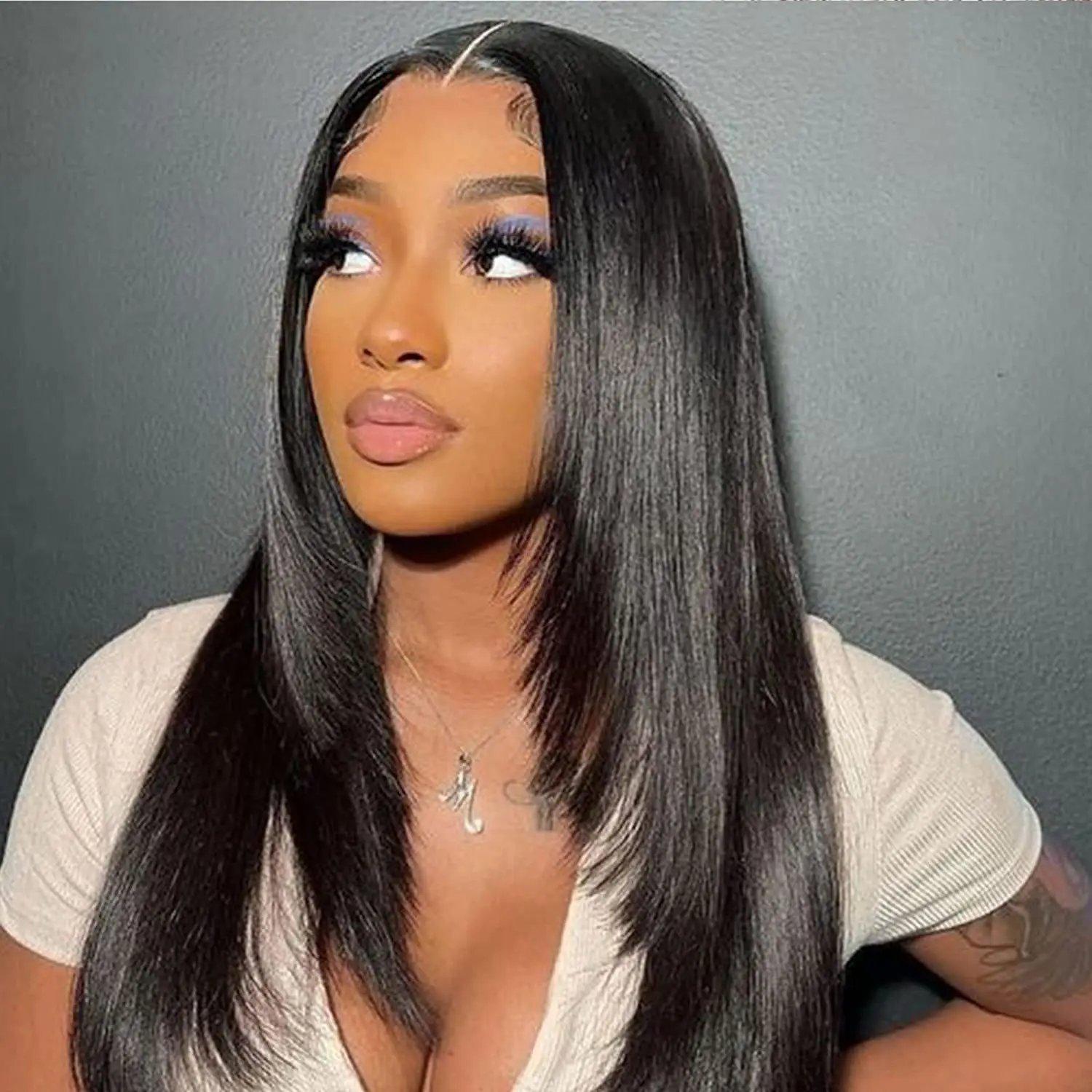 Reddish Brown Straight Lace Front Wigs Layered Cut Wig Glueless Layered Lace Wigs Synthetic Butterfly Haircut Natural Hairline