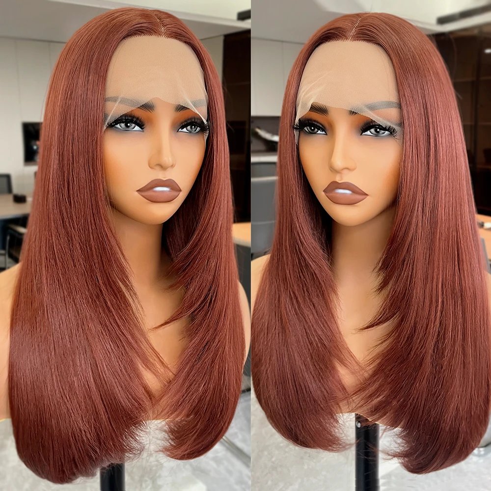 Reddish Brown Straight Lace Front Wigs Layered Cut Wig Glueless Layered Lace Wigs Synthetic Butterfly Haircut Natural Hairline