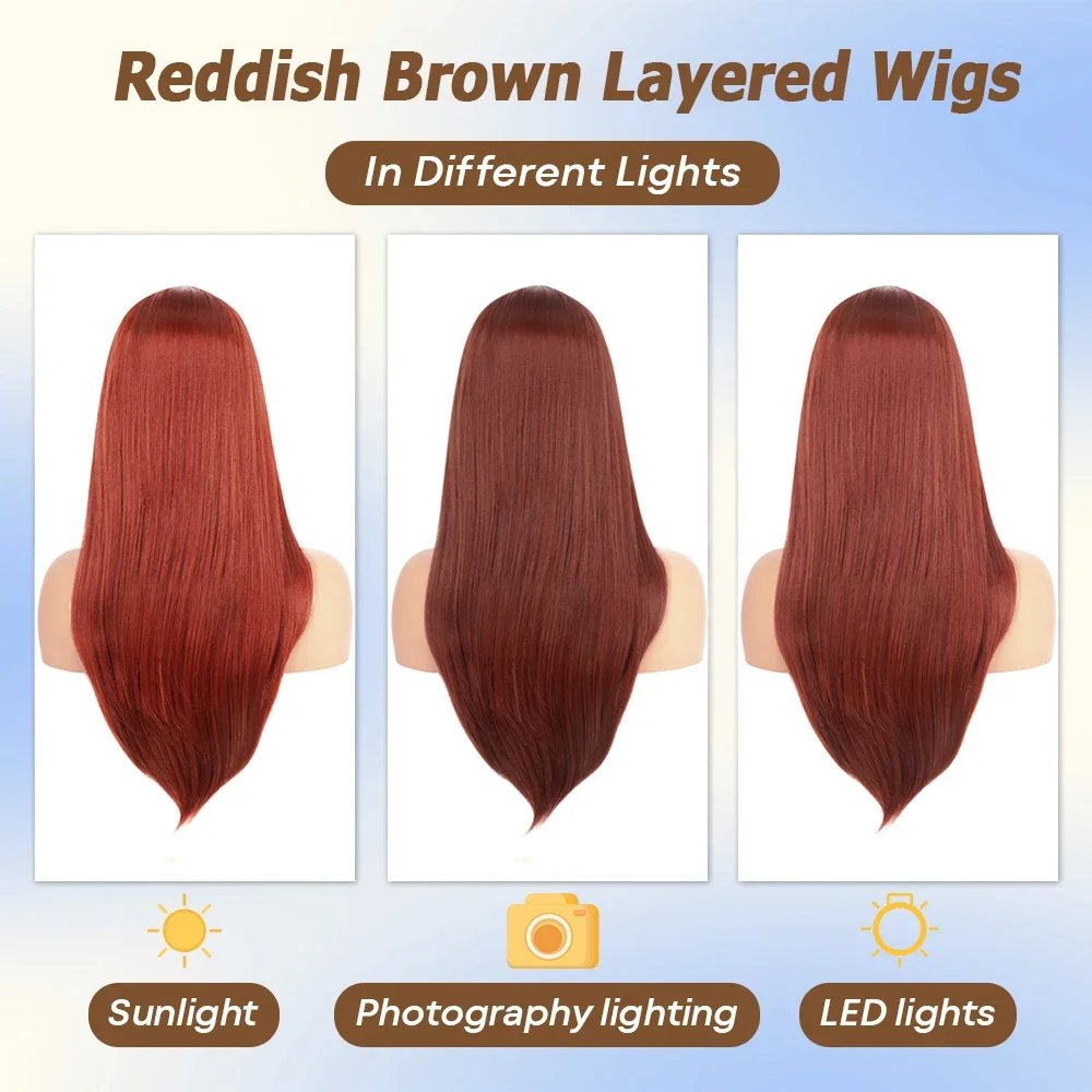 HD Straight Lace Front Wig Layered Wigs Reddish Brown Layered Cut Lace Wigs Copper Red Synthetic Butterfly Haircut Glueless Wigs