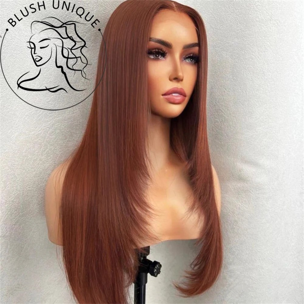 HD Straight Lace Front Wig Layered Wigs Reddish Brown Layered Cut Lace Wigs Copper Red Synthetic Butterfly Haircut Glueless Wigs
