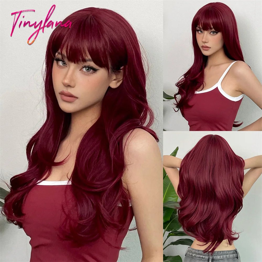 Super Long Black Wavy Synthetic Wigs with Bangs for Women Afro Dark Water Wave Halloween Cosplay Natural Hair Wig Heat Resistant