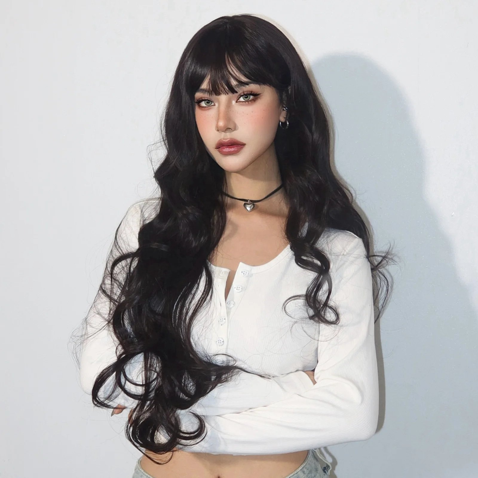 Super Long Black Wavy Synthetic Wigs with Bangs for Women Afro Dark Water Wave Halloween Cosplay Natural Hair Wig Heat Resistant