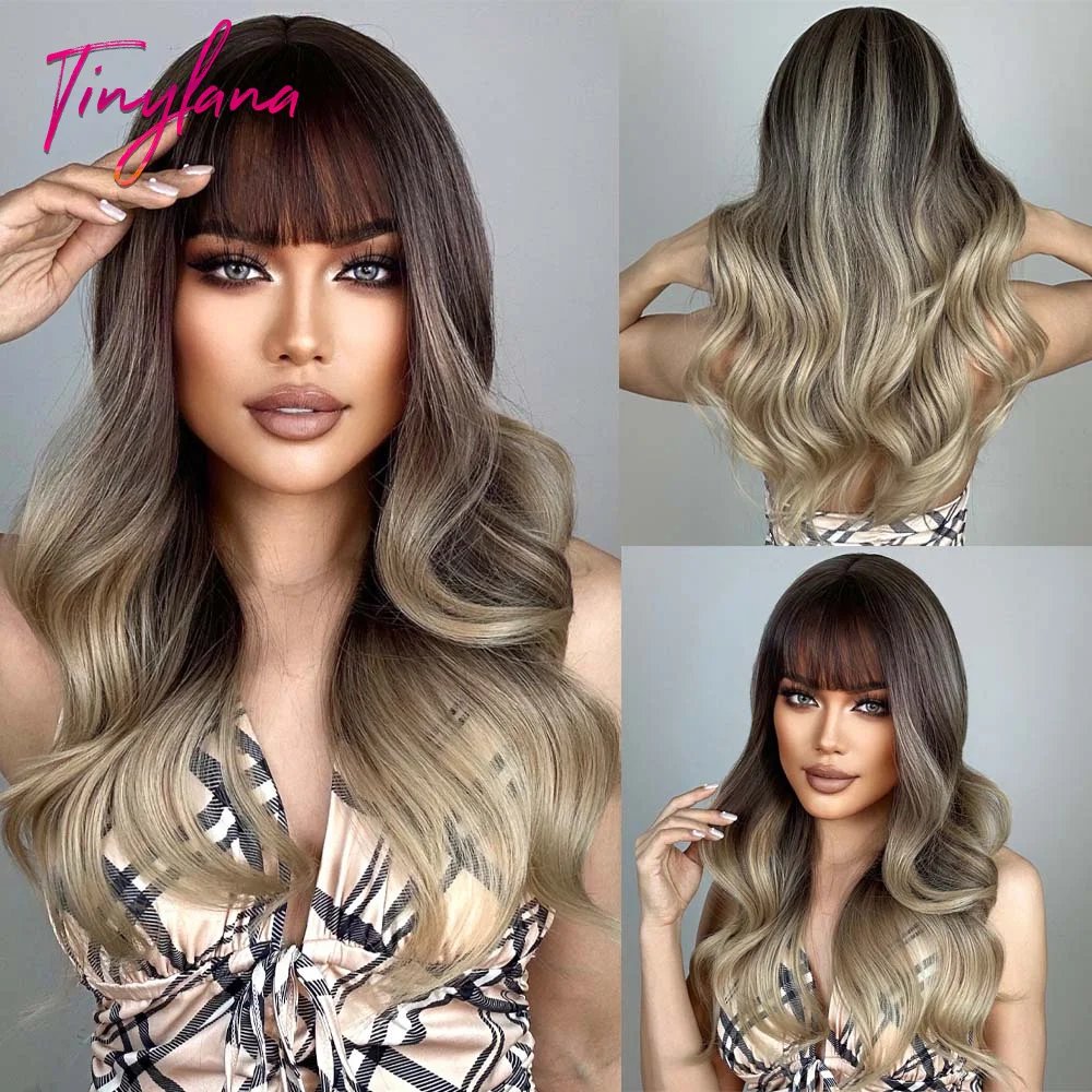 Super Long Black Wavy Synthetic Wigs with Bangs for Women Afro Dark Water Wave Halloween Cosplay Natural Hair Wig Heat Resistant