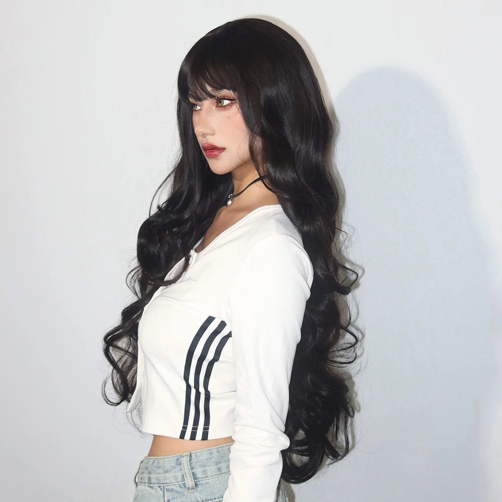 Super Long Black Wavy Synthetic Wigs with Bangs for Women Afro Dark Water Wave Halloween Cosplay Natural Hair Wig Heat Resistant
