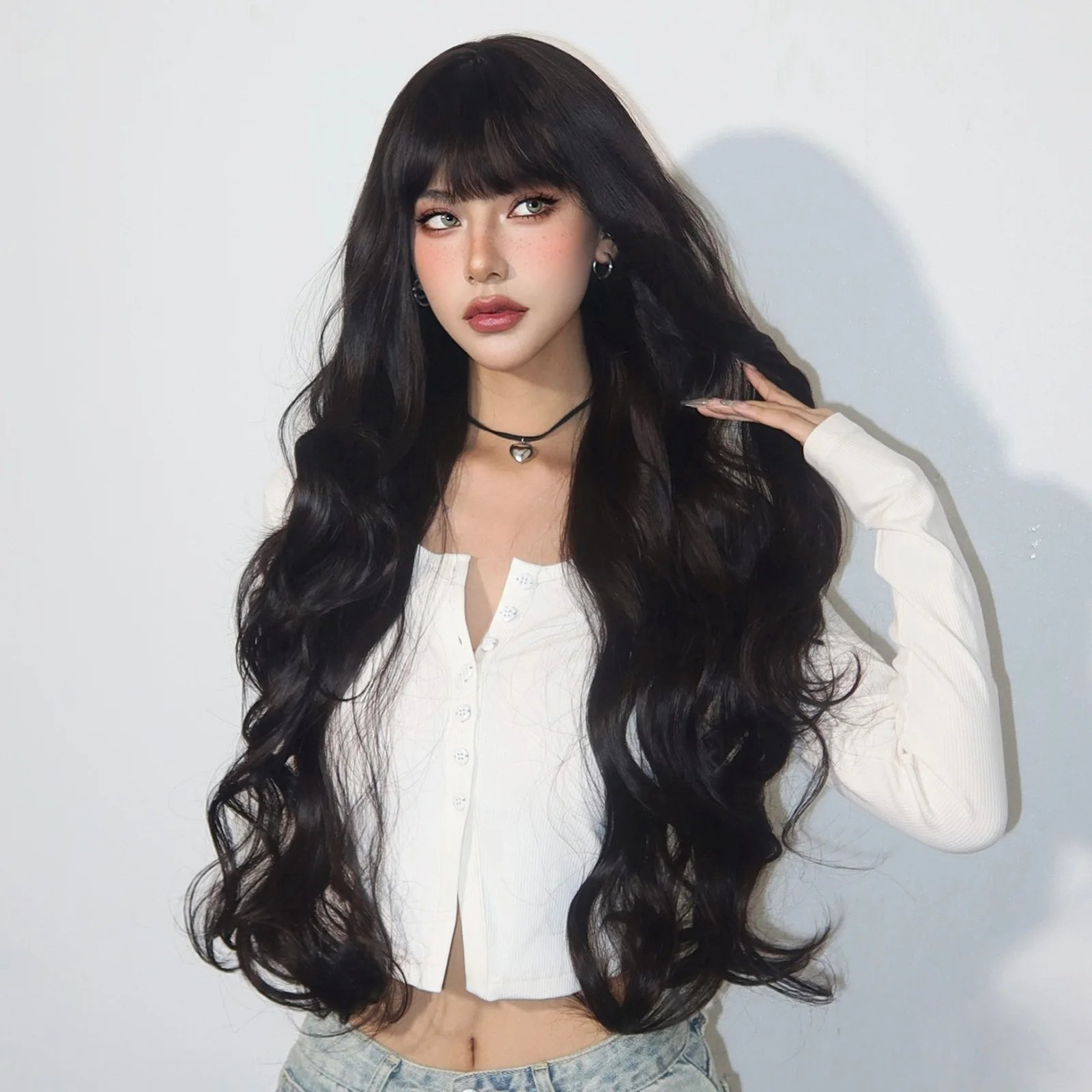 Super Long Black Wavy Synthetic Wigs with Bangs for Women Afro Dark Water Wave Halloween Cosplay Natural Hair Wig Heat Resistant