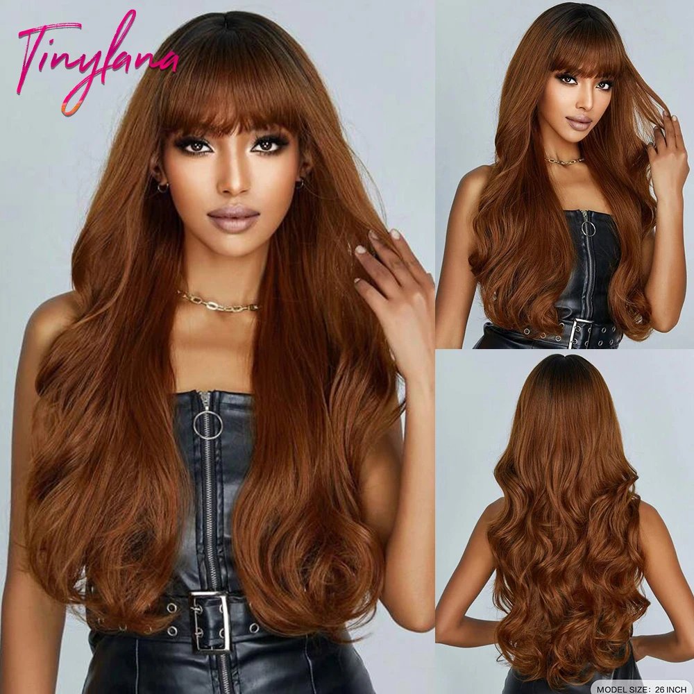 Super Long Black Wavy Synthetic Wigs with Bangs for Women Afro Dark Water Wave Halloween Cosplay Natural Hair Wig Heat Resistant