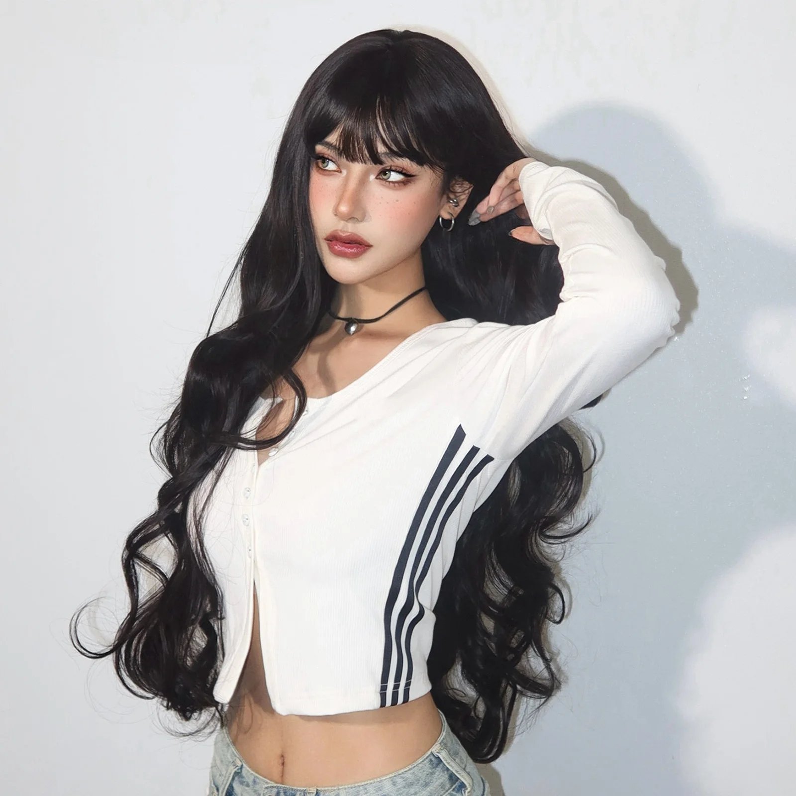 Super Long Black Wavy Synthetic Wigs with Bangs for Women Afro Dark Water Wave Halloween Cosplay Natural Hair Wig Heat Resistant