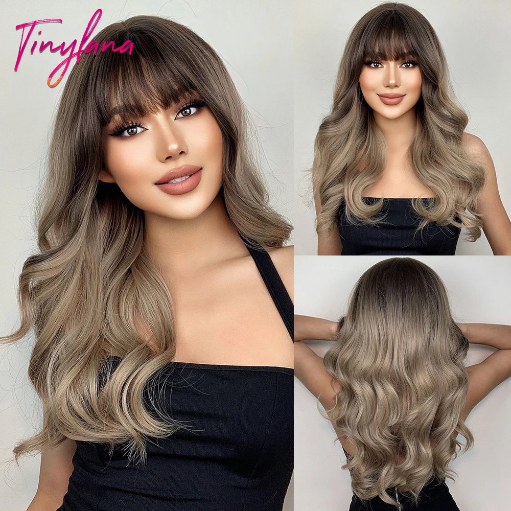 Super Long Black Wavy Synthetic Wigs with Bangs for Women Afro Dark Water Wave Halloween Cosplay Natural Hair Wig Heat Resistant