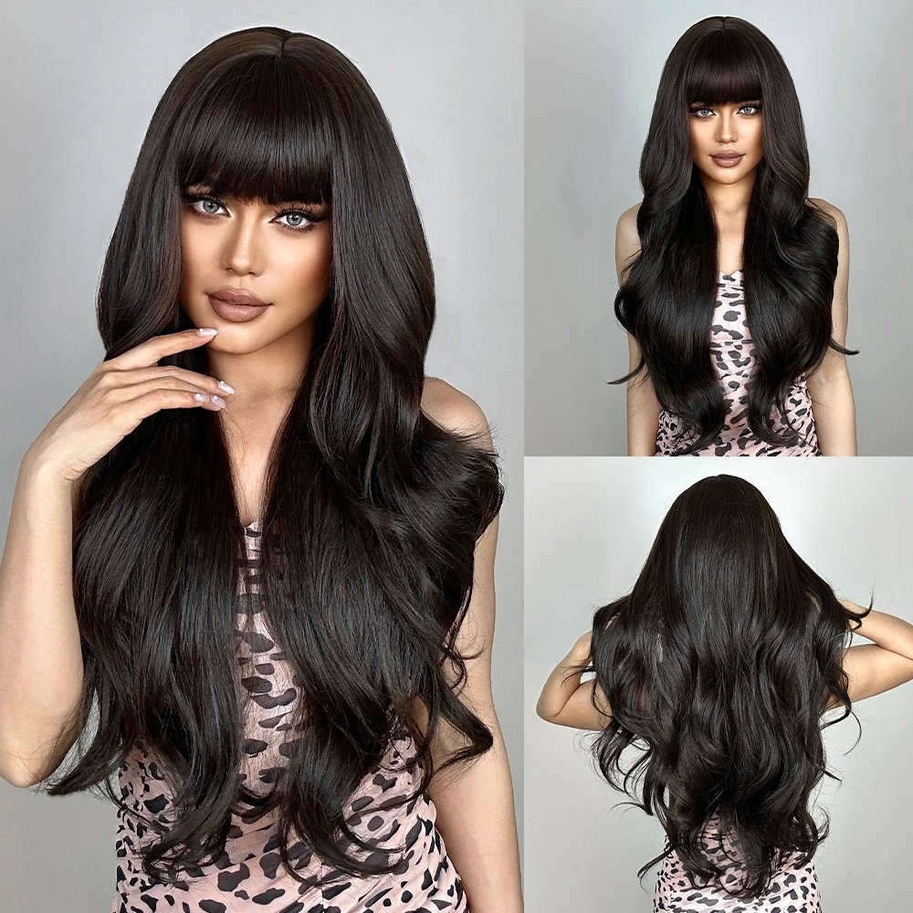 Super Long Black Wavy Synthetic Wigs with Bangs for Women Afro Dark Water Wave Halloween Cosplay Natural Hair Wig Heat Resistant