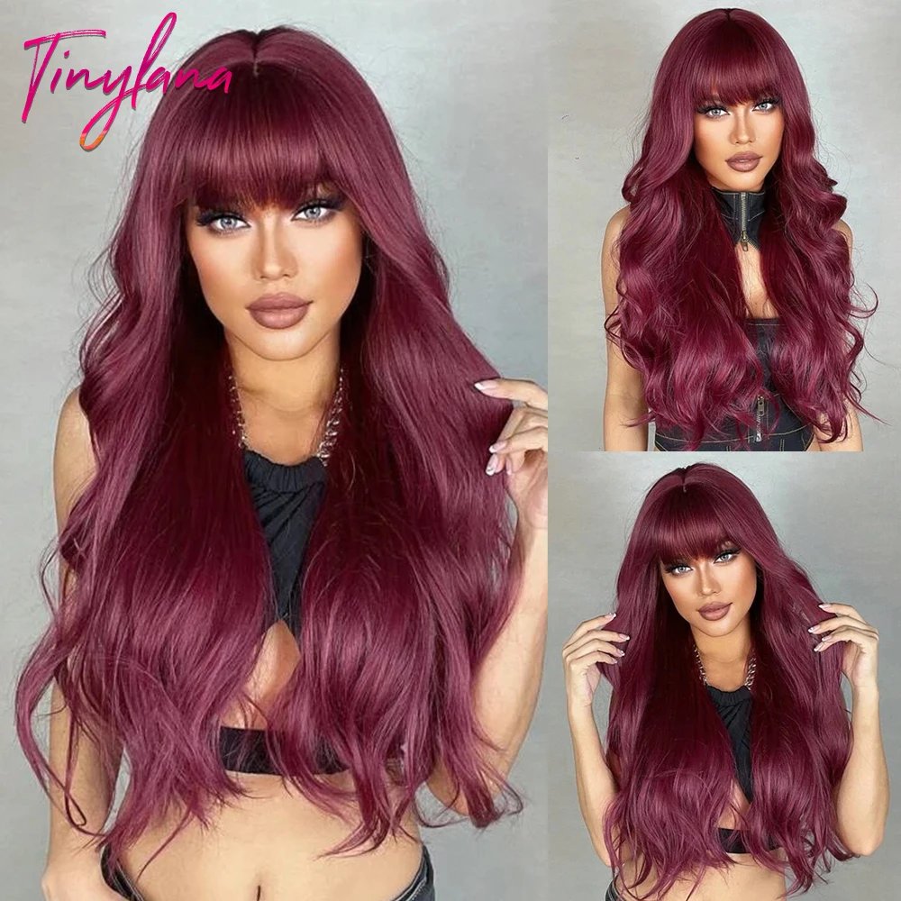 Super Long Black Wavy Synthetic Wigs with Bangs for Women Afro Dark Water Wave Halloween Cosplay Natural Hair Wig Heat Resistant
