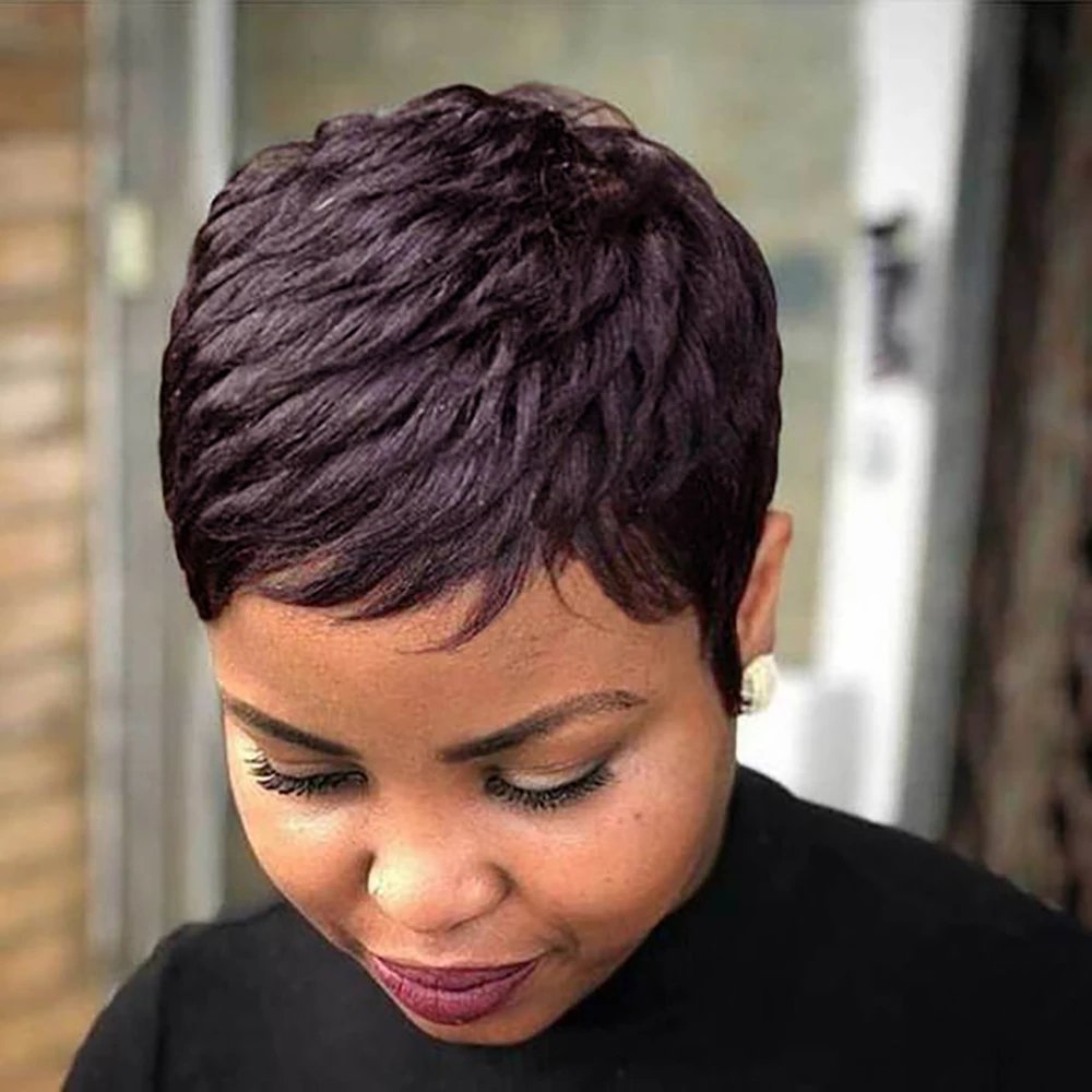 BeiSDWig Heat Resistant Synthetic Wigs for Black Women Short Pixie Cut Hair Wigs for Women Black Red Burgundy Brown Wig 4 Colors