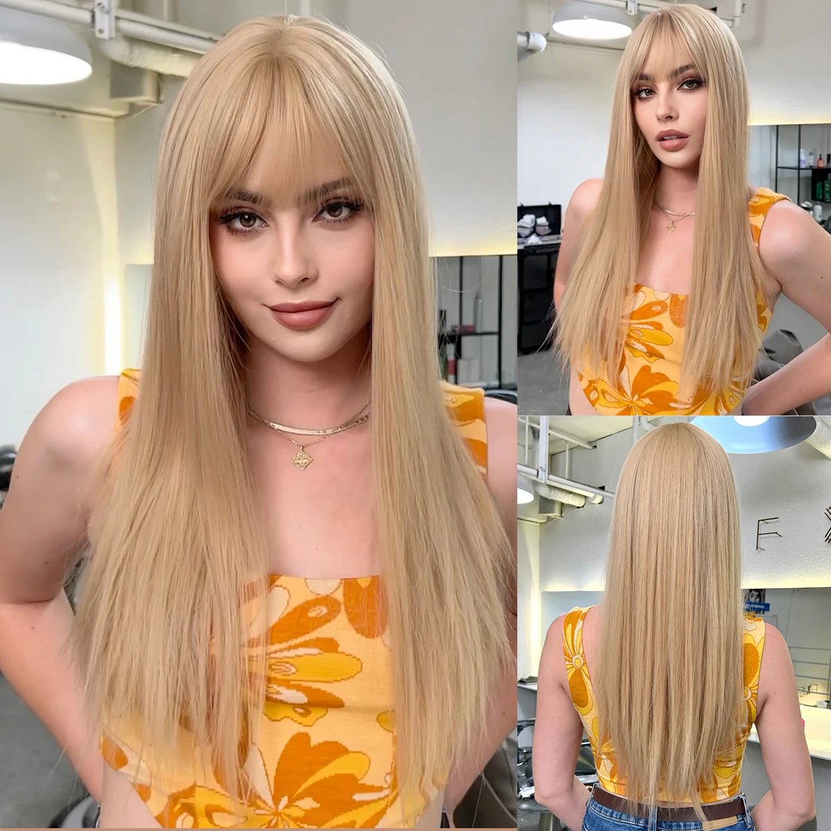 Light Blonde Golden Hair Long Silky Straight Synthetic Wig for Women Blonde Natural Hairs Wig Daily Lolita Heat Resistant Wigs