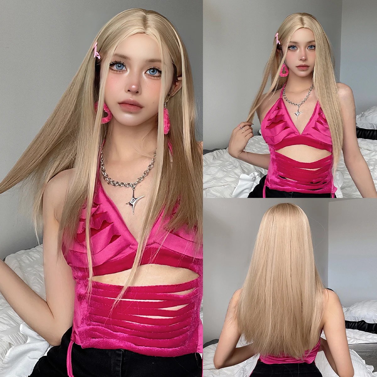 Light Blonde Golden Hair Long Silky Straight Synthetic Wig for Women Blonde Natural Hairs Wig Daily Lolita Heat Resistant Wigs