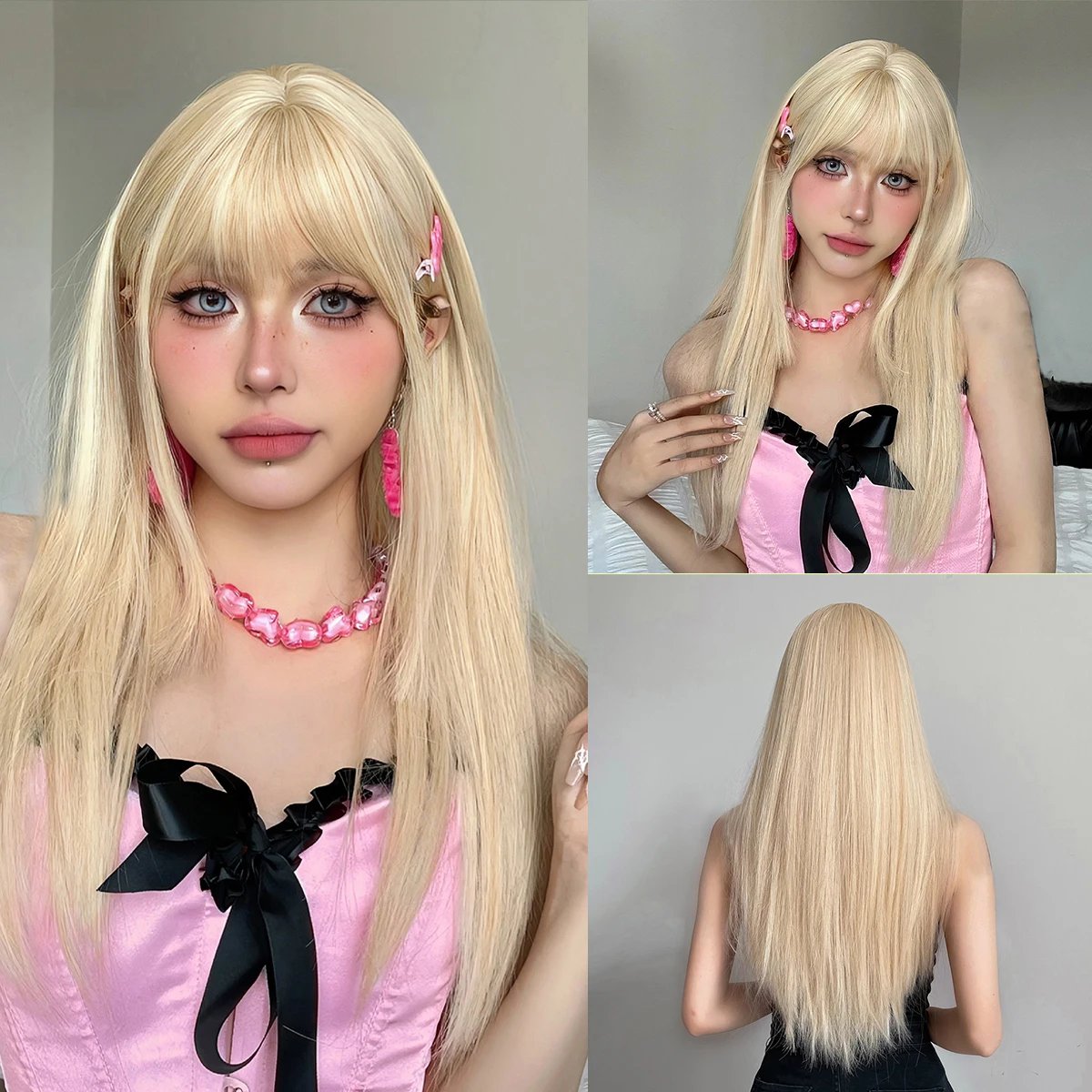 Light Blonde Golden Hair Long Silky Straight Synthetic Wig for Women Blonde Natural Hairs Wig Daily Lolita Heat Resistant Wigs