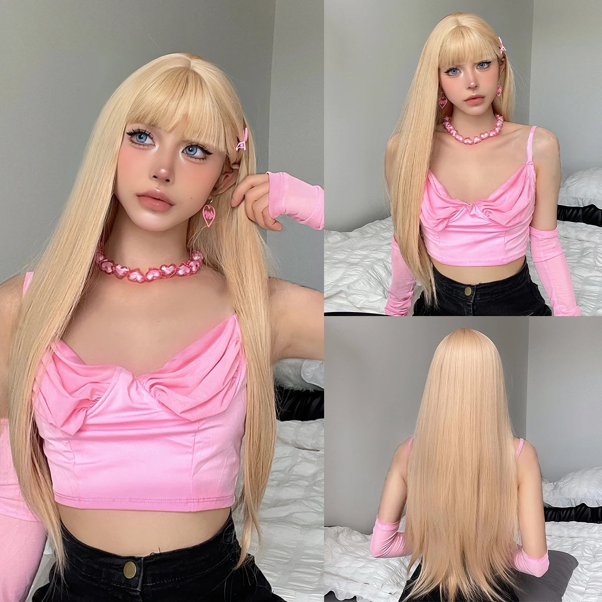 Light Blonde Golden Hair Long Silky Straight Synthetic Wig for Women Blonde Natural Hairs Wig Daily Lolita Heat Resistant Wigs