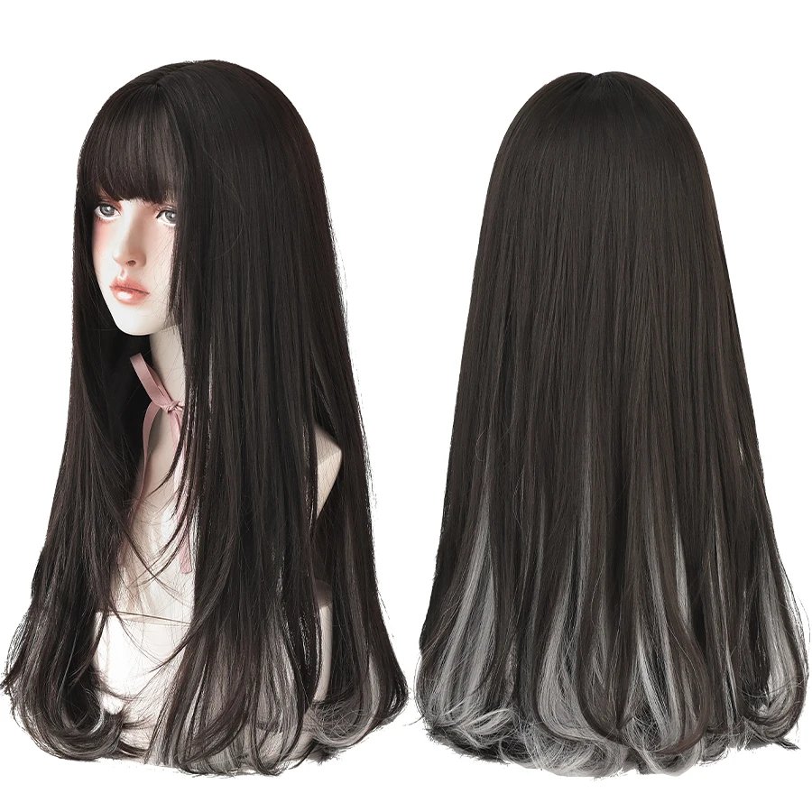 7JHH WIGS Long Wavy Curly Black Blonde Hair Highlights Synthetic Blend Wigs With Fluffy Bangs For Women's Daily Wear Four Season 7JHH WIGS Long Wavy Curly Black Blonde Hair Highlights Synthetic Blend Wigs With Fluffy Bangs For Women's Daily Wear Four Season