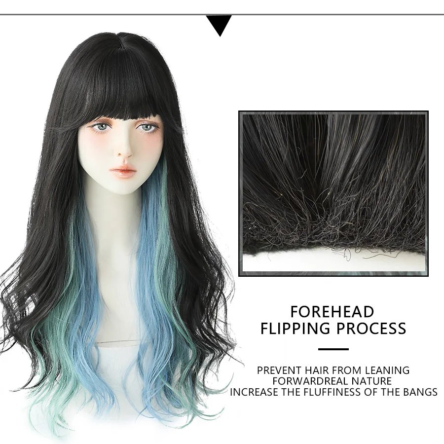 7JHH WIGS Long Wavy Curly Black Blonde Hair Highlights Synthetic Blend Wigs With Fluffy Bangs For Women's Daily Wear Four Season 7JHH WIGS Long Wavy Curly Black Blonde Hair Highlights Synthetic Blend Wigs With Fluffy Bangs For Women's Daily Wear Four Season