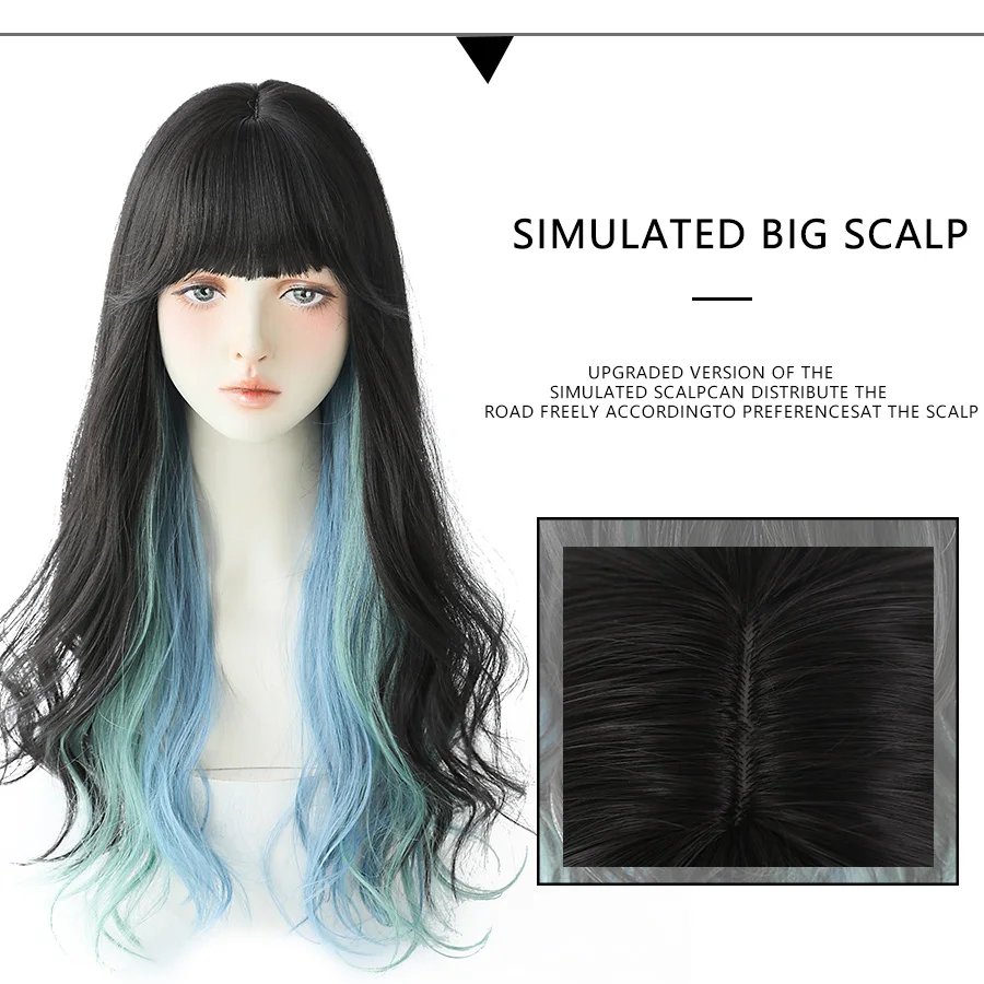 7JHH WIGS Long Wavy Curly Black Blonde Hair Highlights Synthetic Blend Wigs With Fluffy Bangs For Women's Daily Wear Four Season 7JHH WIGS Long Wavy Curly Black Blonde Hair Highlights Synthetic Blend Wigs With Fluffy Bangs For Women's Daily Wear Four Season