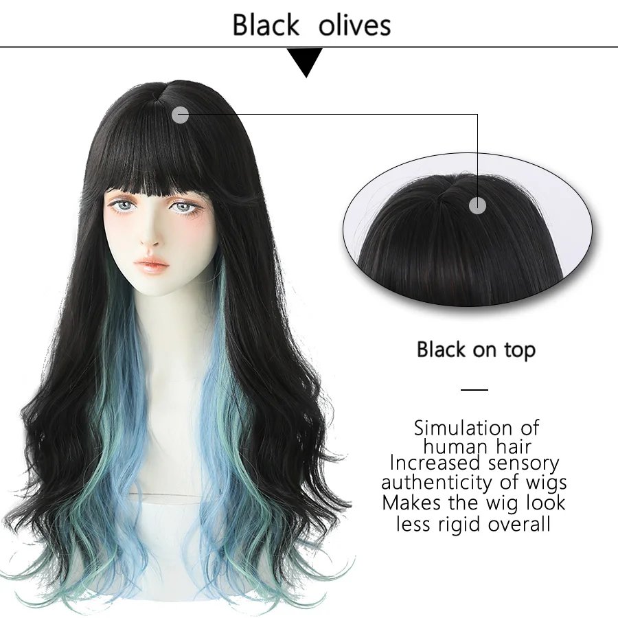 7JHH WIGS Long Wavy Curly Black Blonde Hair Highlights Synthetic Blend Wigs With Fluffy Bangs For Women's Daily Wear Four Season 7JHH WIGS Long Wavy Curly Black Blonde Hair Highlights Synthetic Blend Wigs With Fluffy Bangs For Women's Daily Wear Four Season