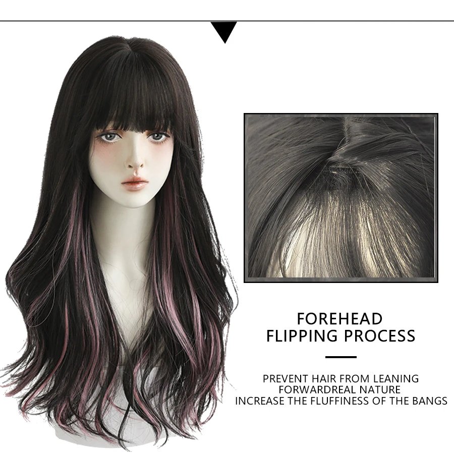 7JHH WIGS Long Wavy Curly Black Blonde Hair Highlights Synthetic Blend Wigs With Fluffy Bangs For Women's Daily Wear Four Season 7JHH WIGS Long Wavy Curly Black Blonde Hair Highlights Synthetic Blend Wigs With Fluffy Bangs For Women's Daily Wear Four Season