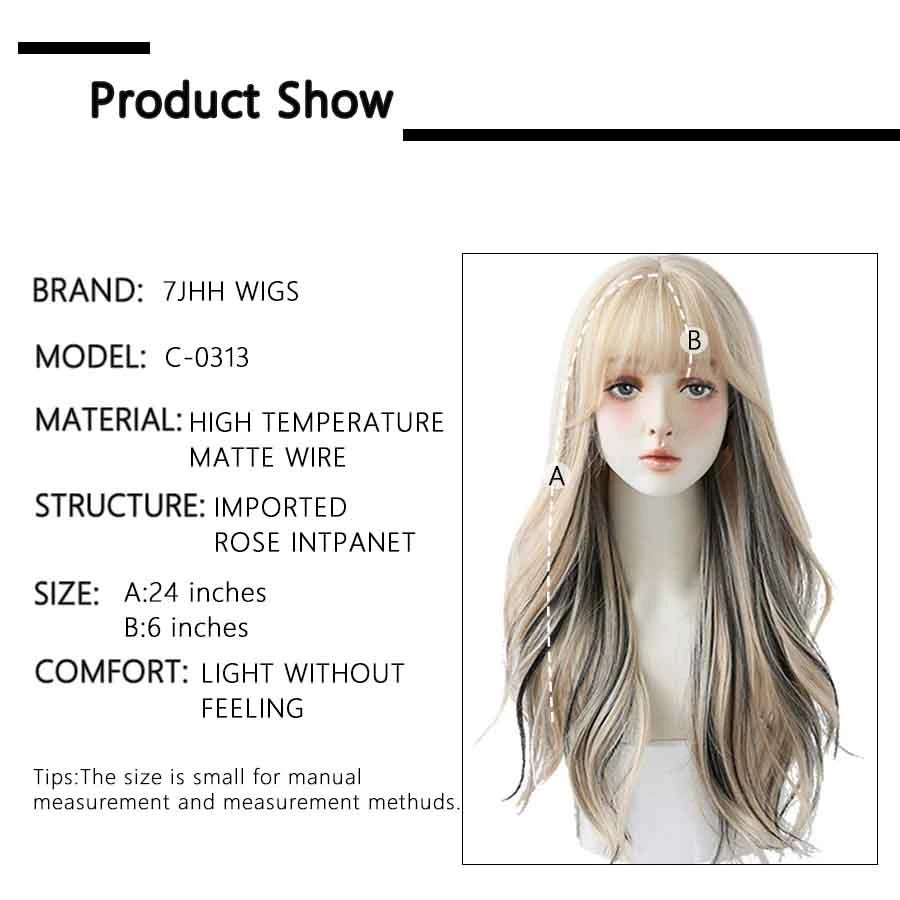 7JHH WIGS Long Wavy Curly Black Blonde Hair Highlights Synthetic Blend Wigs With Fluffy Bangs For Women's Daily Wear Four Season 7JHH WIGS Long Wavy Curly Black Blonde Hair Highlights Synthetic Blend Wigs With Fluffy Bangs For Women's Daily Wear Four Season
