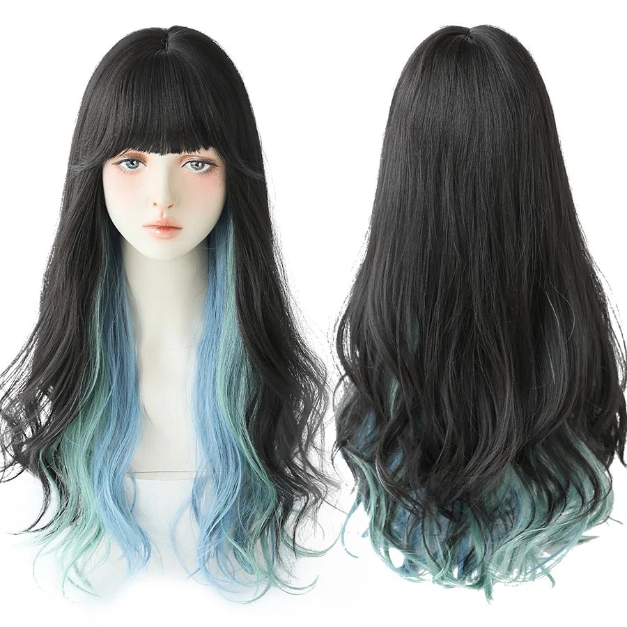 7JHH WIGS Long Wavy Curly Black Blonde Hair Highlights Synthetic Blend Wigs With Fluffy Bangs For Women's Daily Wear Four Season 7JHH WIGS Long Wavy Curly Black Blonde Hair Highlights Synthetic Blend Wigs With Fluffy Bangs For Women's Daily Wear Four Season
