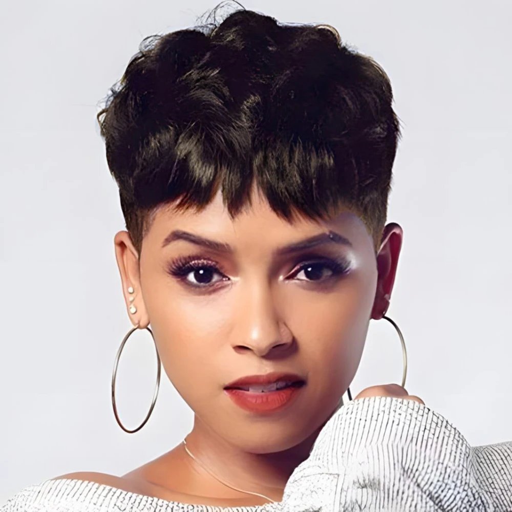 BeiSDWig Synthetic Short Pixie Cut Wigs for Black/White Women Natural Wavy Hair Wig with Bangs Short Haircuts for Women