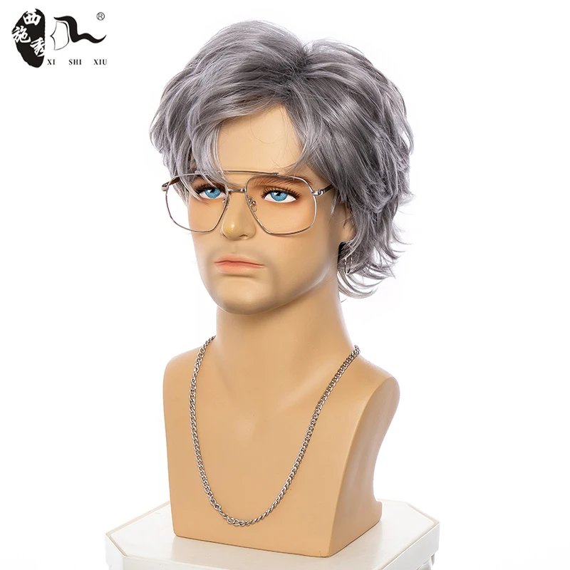 Short Male Straight Wave Synthetic Wig For Men Mixed Silver Gray Pixe Cut Toupee Wavy High Temperature Fiber Heat Resistant Wigs