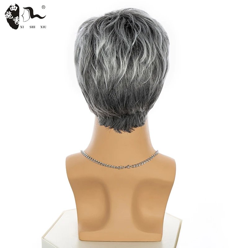 Short Male Straight Wave Synthetic Wig For Men Mixed Silver Gray Pixe Cut Toupee Wavy High Temperature Fiber Heat Resistant Wigs