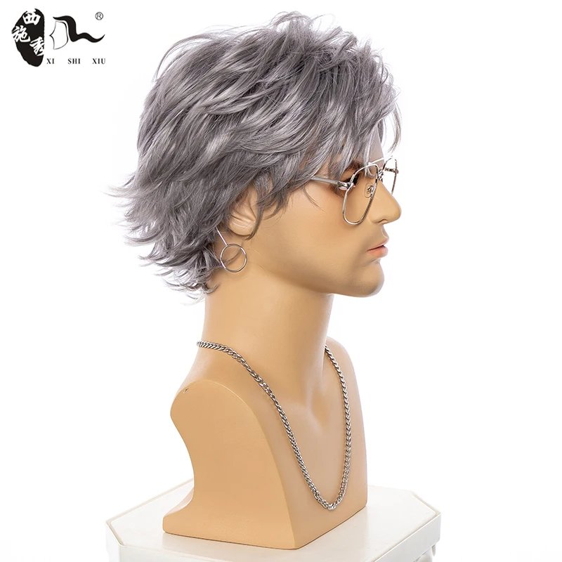 Short Male Straight Wave Synthetic Wig For Men Mixed Silver Gray Pixe Cut Toupee Wavy High Temperature Fiber Heat Resistant Wigs