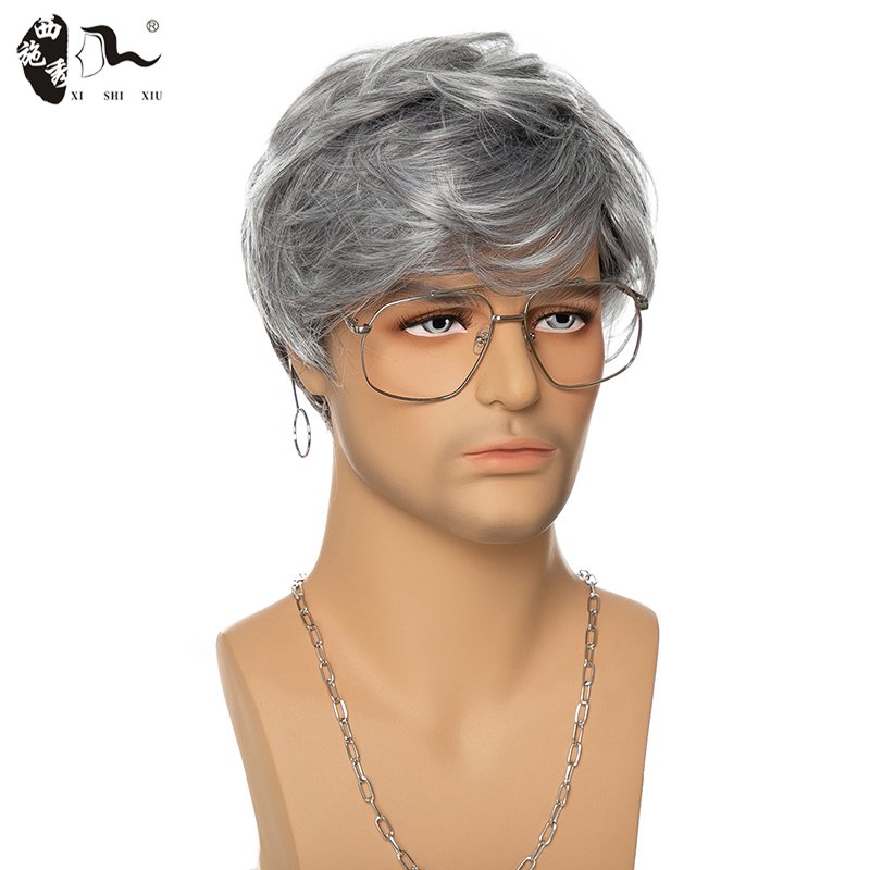 Short Male Straight Wave Synthetic Wig For Men Mixed Silver Gray Pixe Cut Toupee Wavy High Temperature Fiber Heat Resistant Wigs