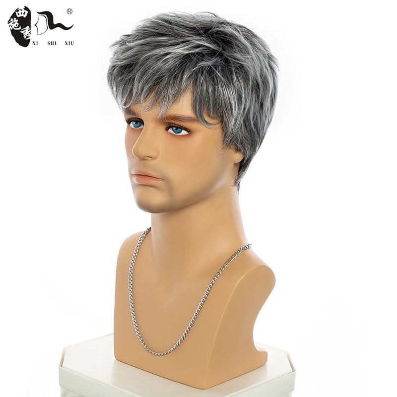 Short Male Straight Wave Synthetic Wig For Men Mixed Silver Gray Pixe Cut Toupee Wavy High Temperature Fiber Heat Resistant Wigs