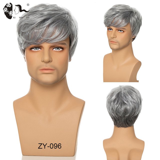 Short Male Straight Wave Synthetic Wig For Men Mixed Silver Gray Pixe Cut Toupee Wavy High Temperature Fiber Heat Resistant Wigs