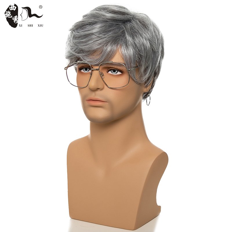 Short Male Straight Wave Synthetic Wig For Men Mixed Silver Gray Pixe Cut Toupee Wavy High Temperature Fiber Heat Resistant Wigs