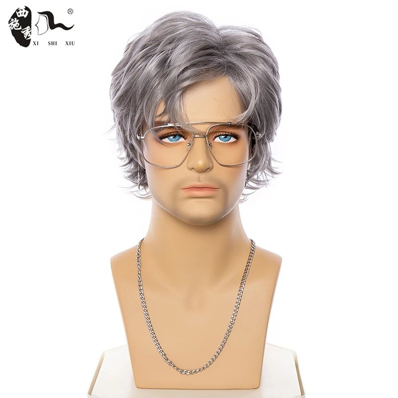 Short Male Straight Wave Synthetic Wig For Men Mixed Silver Gray Pixe Cut Toupee Wavy High Temperature Fiber Heat Resistant Wigs