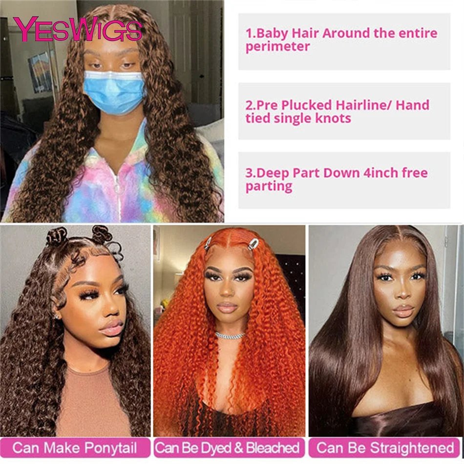 HD 13x4 Kinky Curly Chocolate Brown Lace Front Human Hair Wigs Pre Plucked Colored 13x6 Deep Wave Transparent Lace Frontal Wig