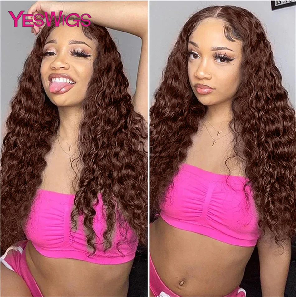 HD 13x4 Kinky Curly Chocolate Brown Lace Front Human Hair Wigs Pre Plucked Colored 13x6 Deep Wave Transparent Lace Frontal Wig