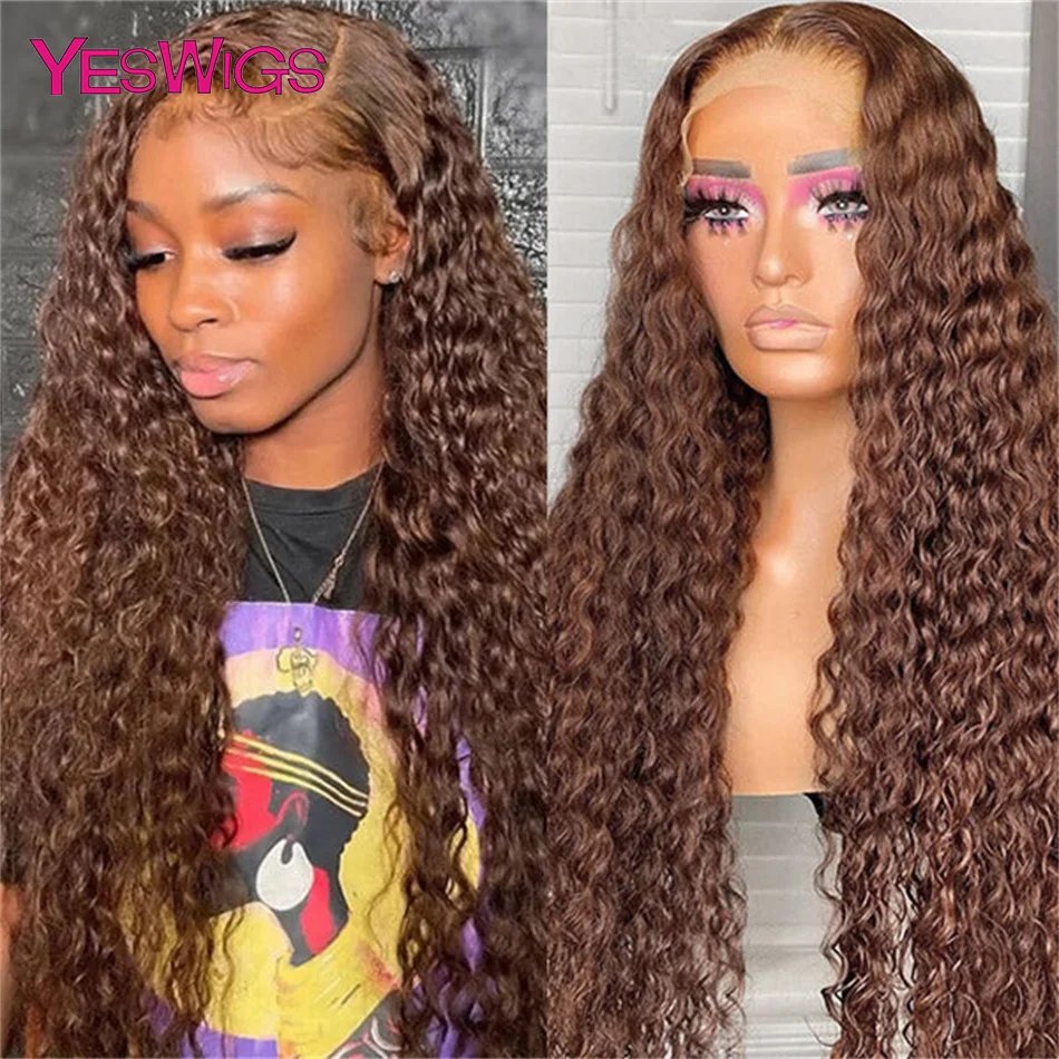 HD 13x4 Kinky Curly Chocolate Brown Lace Front Human Hair Wigs Pre Plucked Colored 13x6 Deep Wave Transparent Lace Frontal Wig