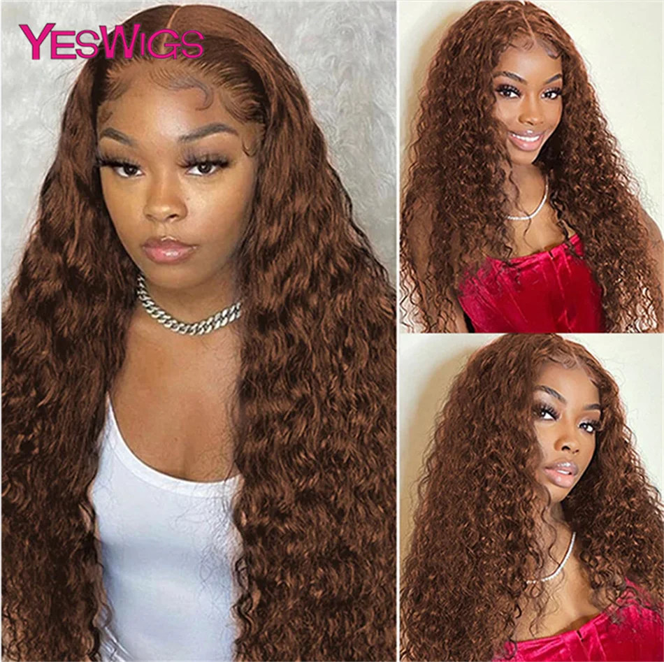 HD 13x4 Kinky Curly Chocolate Brown Lace Front Human Hair Wigs Pre Plucked Colored 13x6 Deep Wave Transparent Lace Frontal Wig