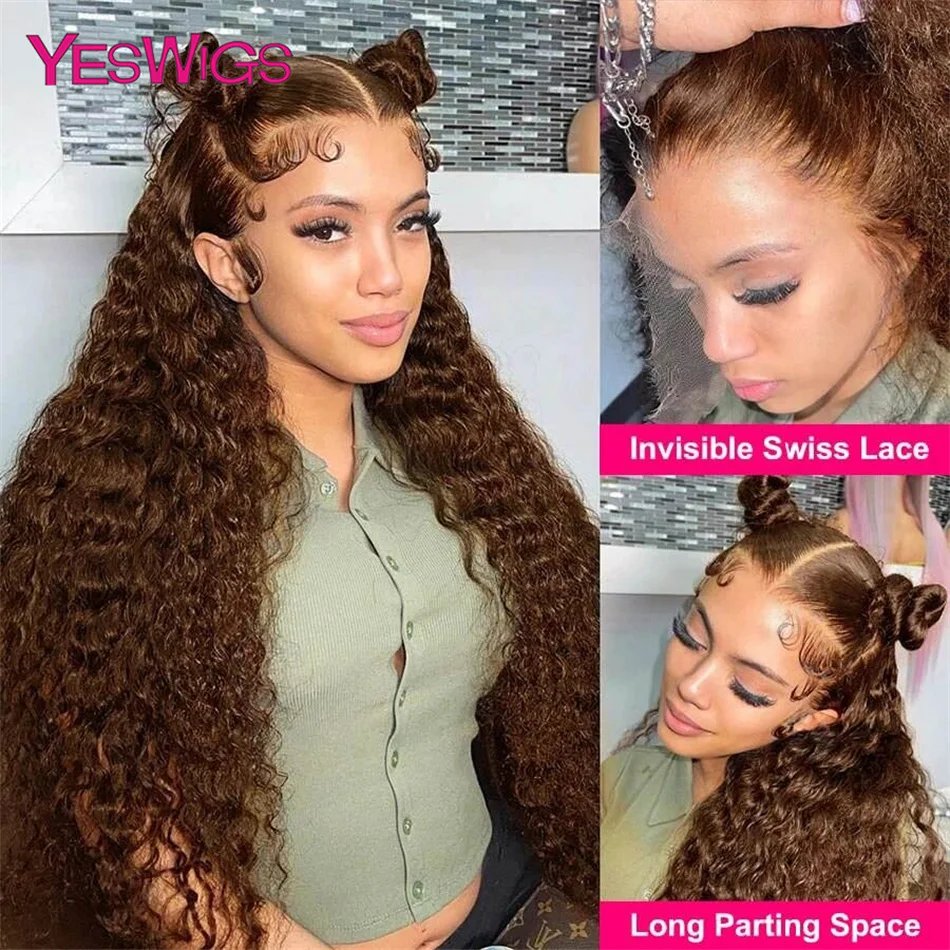 HD 13x4 Kinky Curly Chocolate Brown Lace Front Human Hair Wigs Pre Plucked Colored 13x6 Deep Wave Transparent Lace Frontal Wig