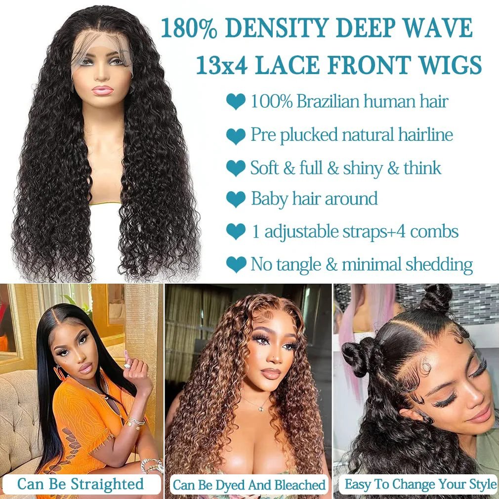 High Density Black Curly 13x6 40 Inch Hd Transparent Lace Frontal Wig Deep Water Wave Human Hair Brazilian Wigs Choice For Women