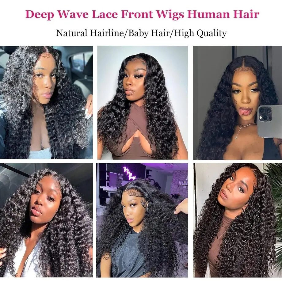 High Density Black Curly 13x6 40 Inch Hd Transparent Lace Frontal Wig Deep Water Wave Human Hair Brazilian Wigs Choice For Women