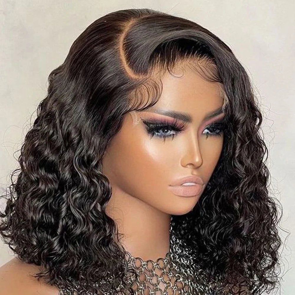 Bob Lace Wig Black Curly For Women Deep Water Curly Wave Human Hair Wigs 100% Remy Natural Hair Short Lace Frontal T Part Wig